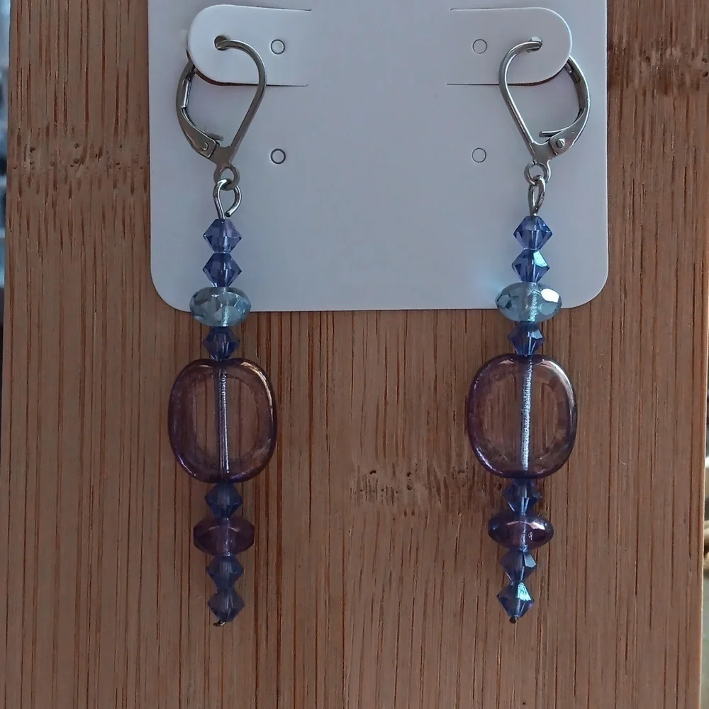 Leverback Purple Beaded Dangle Earrings